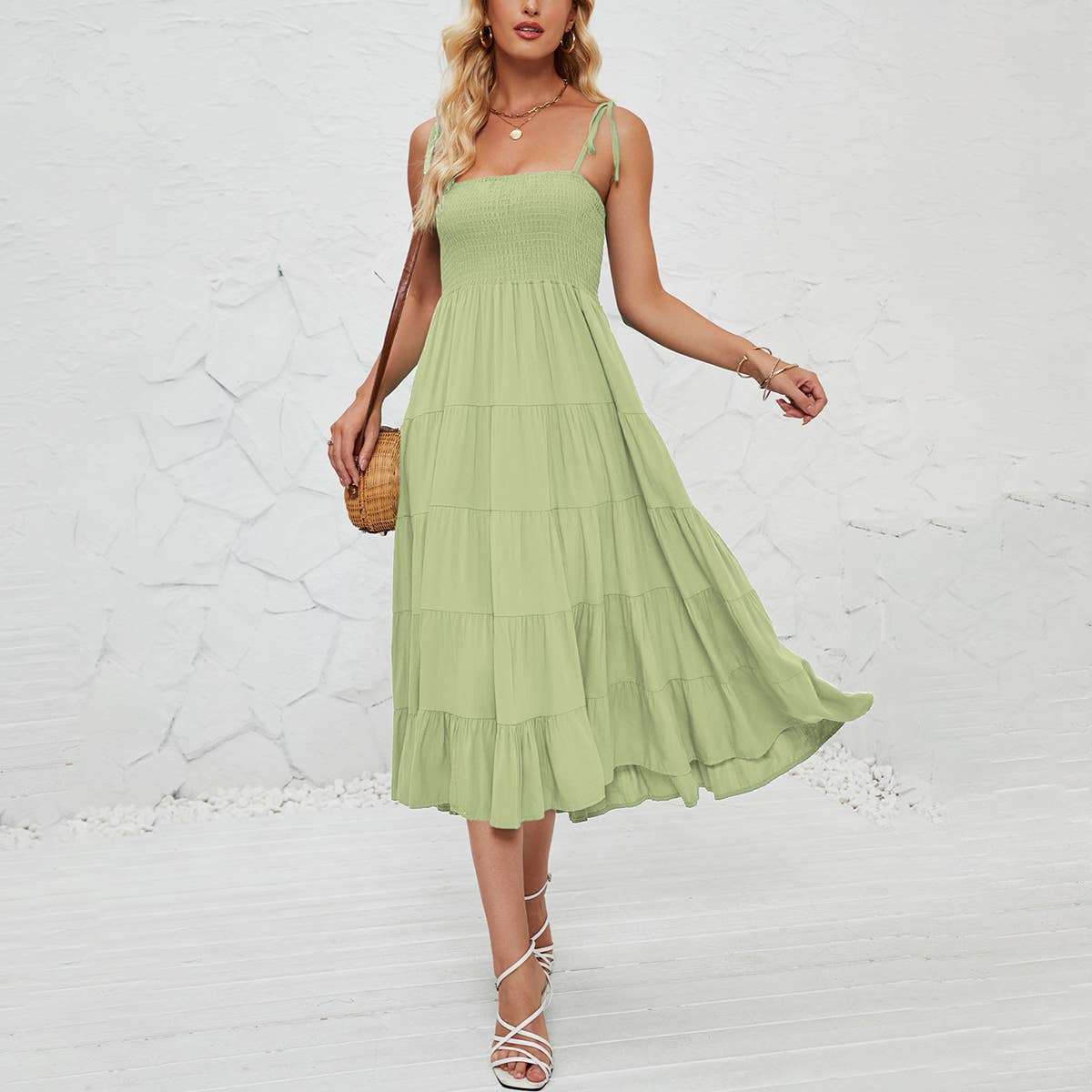 SEXY HALTER BOHO FLOWY PLEATED TIERED DRESS