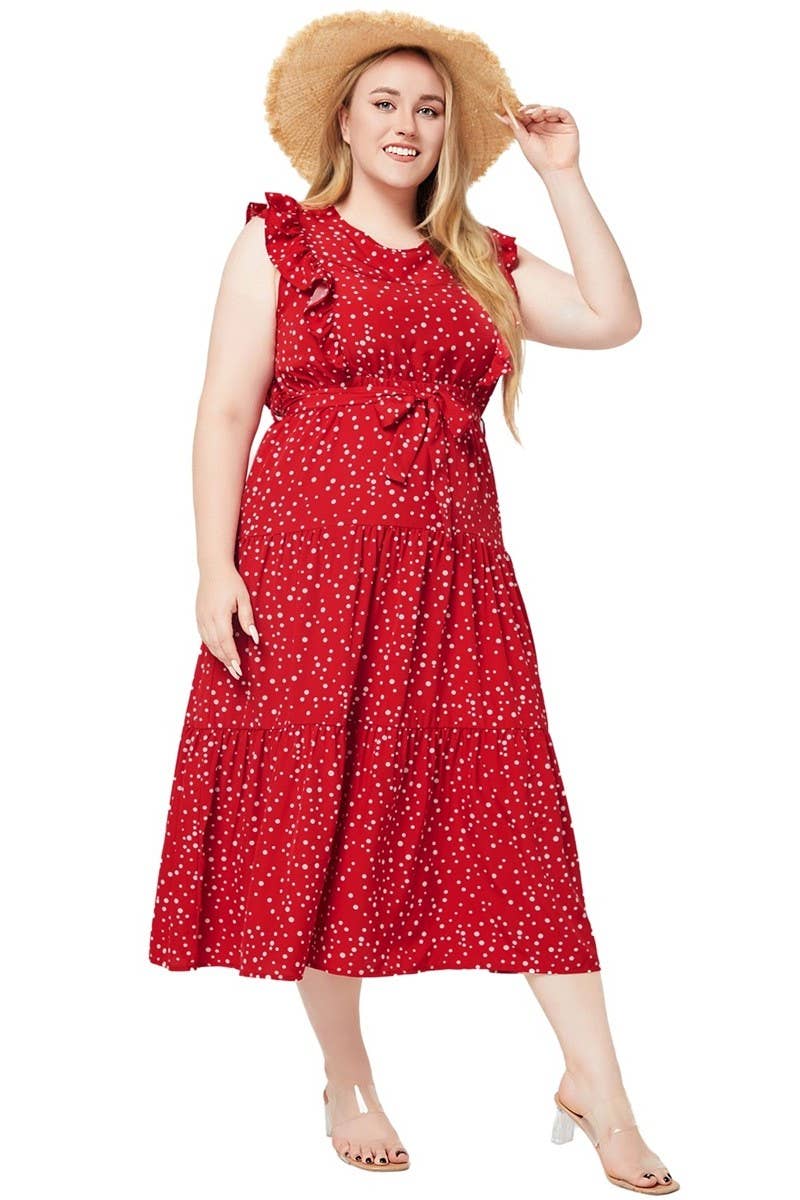 CWDMD3230_PLUS SIZED RUFFLED SLEEVELESS POLKA DOT DRESS