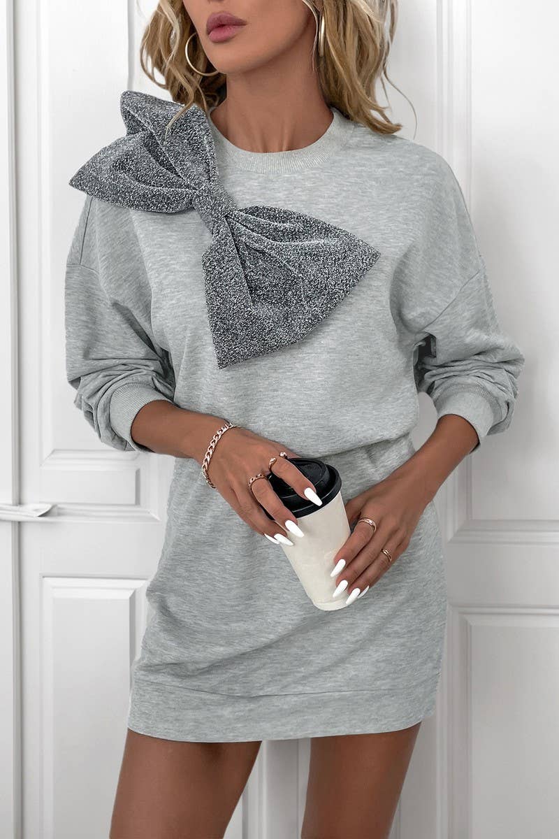 CWDSD6402_MID-LENGTH 3D BOW PARTY SWEATSHIRT DRESS