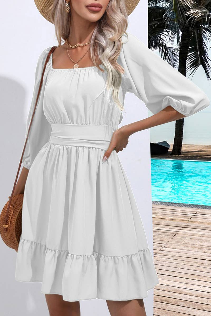 CWDSD7390_SUMMER RUFFLED SQUARE NECK TIE SHORT DRESS