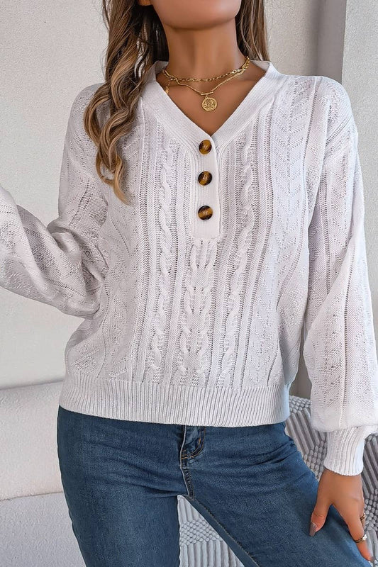 Cwoswl3314_Solid Color V-Neck Long-Sleeved Sweater