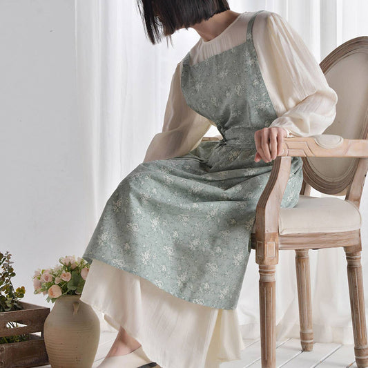 Extended Floral Print Linen Aprons with pockets_CWMM3304