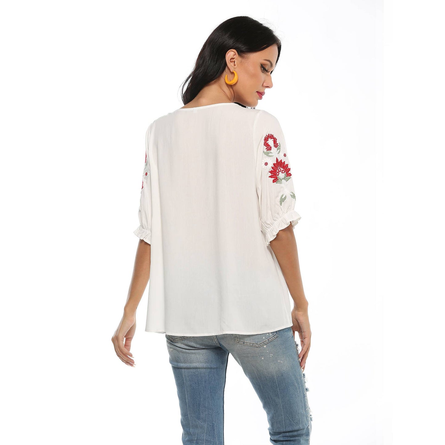 EMBROIDERED LOOSE CREW NECK PULLOVER TOP