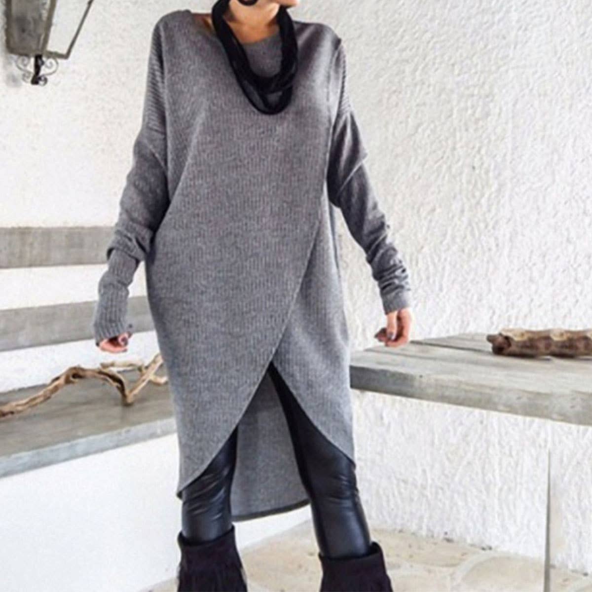 ROUND NECK IRREGULAR LOOSE SOLID COLOR DRESS