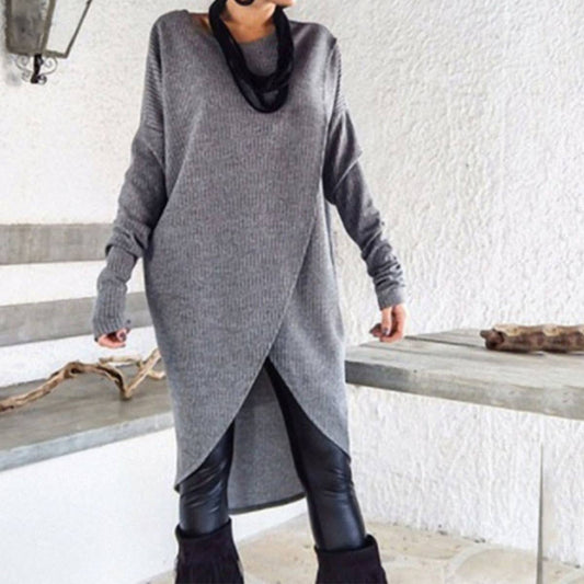 ROUND NECK IRREGULAR LOOSE SOLID COLOR DRESS