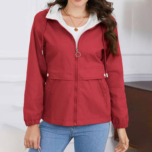 HOODED SOLID COLOR LONG SLEEVE TRENCH COAT