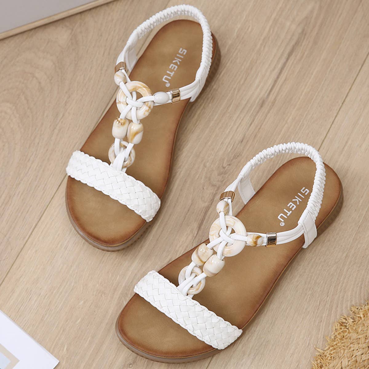 VINTAGE BUCKLE WOVEN FASHION BEADED BEACH SANDALS