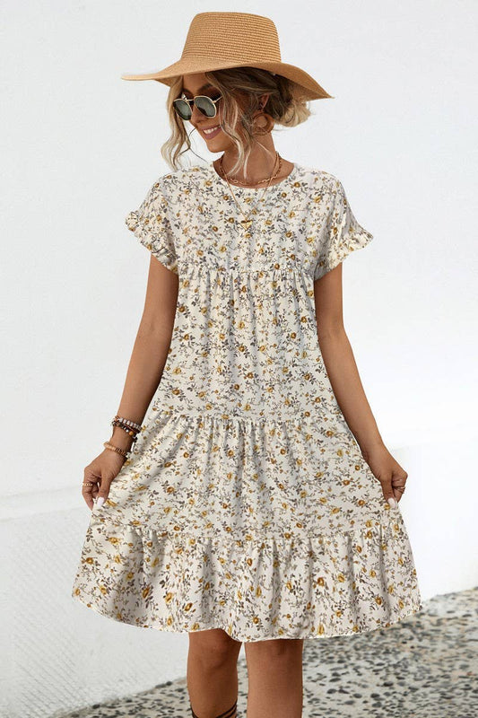 CWDSD4946_ROUND NECK FLORAL RUFFLE SLEEVE DRESS