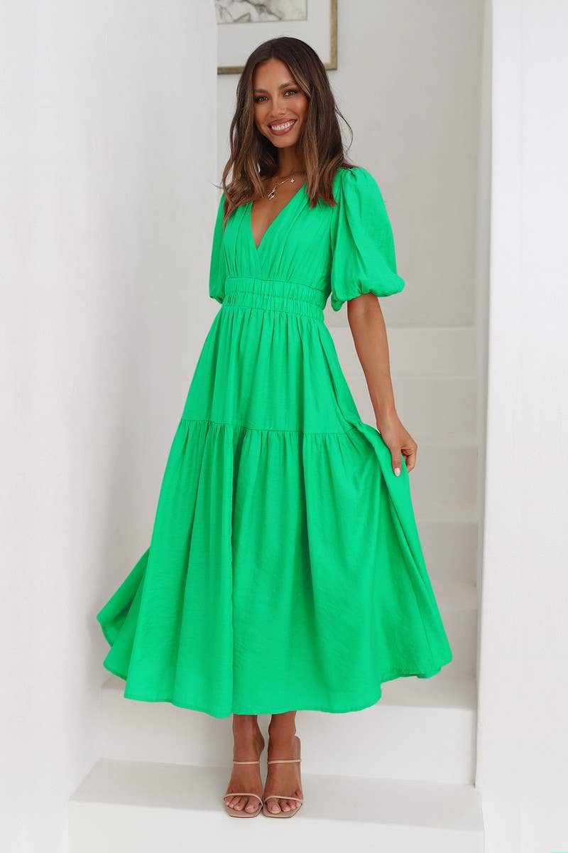 CWDSD8159_LANTERN SLEEVE TIERED FLARE MIDI DRESS