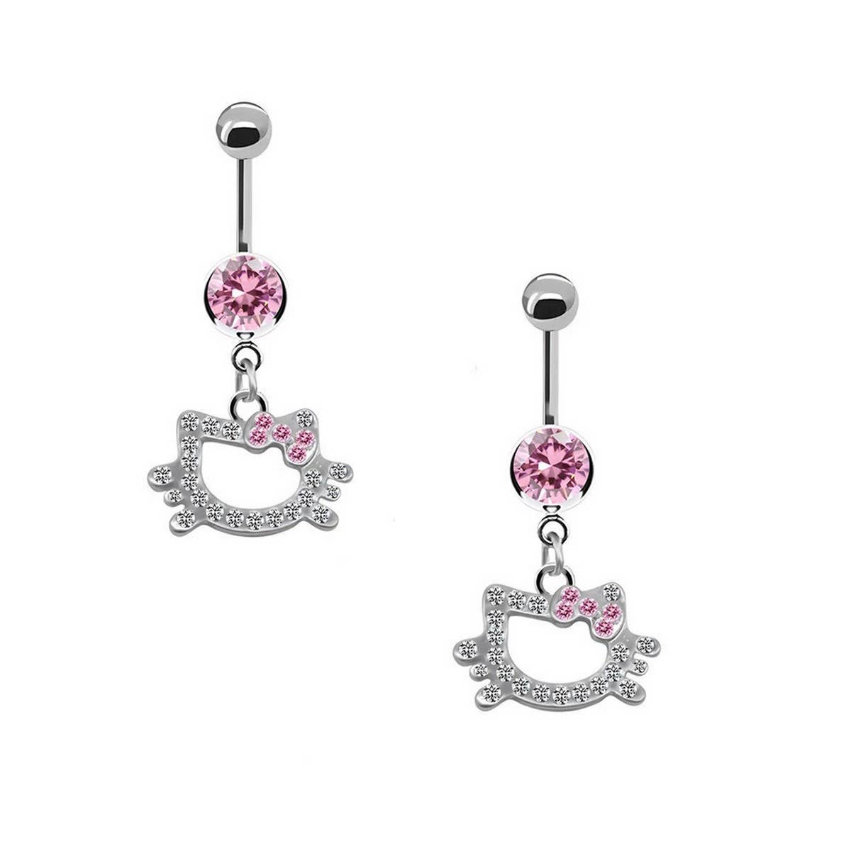 Cute Cat CZ Belly Button Ring with Color Gems