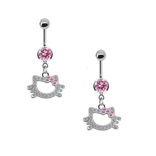 Cute Cat CZ Belly Button Ring with Color Gems