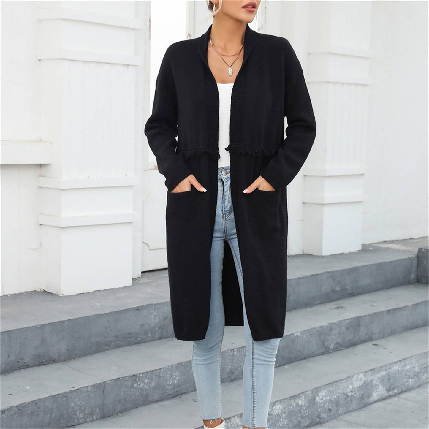 LONG CARDIGAN POCKET STYLE FRINGE COAT SWEATER