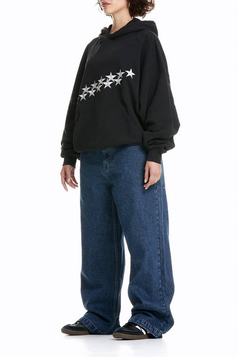 CWOHOL1115_STAR LETTER EMBROIDERED STREETWEAR UNISEX HOODIE