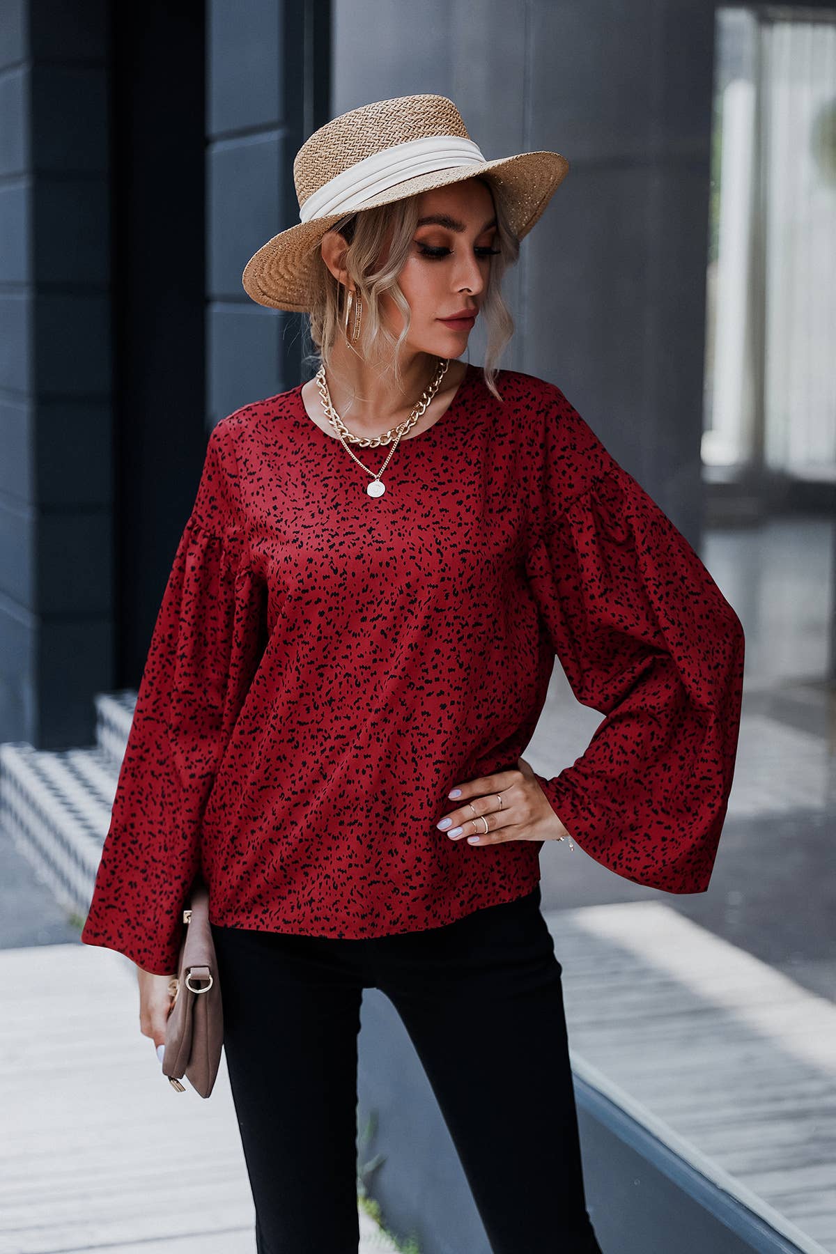 TEMPERAMENT CASUAL PRINTED TRUMPET SLEEVE TOP
