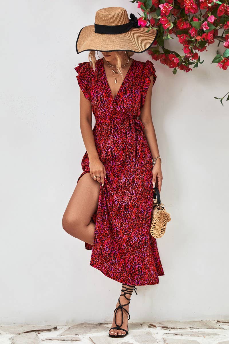WOMEN V NECK SPLIT PRINT DRESS_CWDSD2622