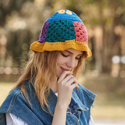 WOMEN MULTI COLOR CUTE HOLLOW KNIT BUCKET HAT_CWAH0599