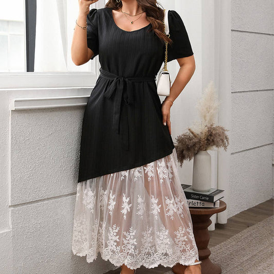 French Lace Panel Tie Waist Loose Dress