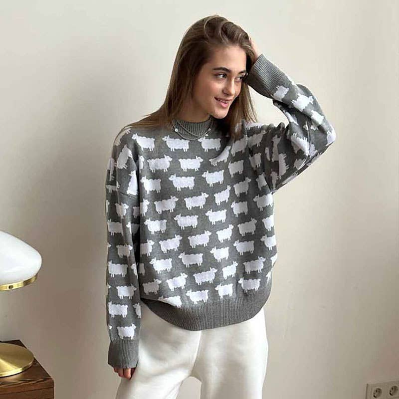 SHEEP PRINT LOOSE CASUAL PULLOVER SWEATER