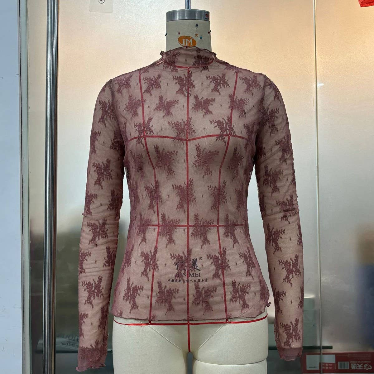 SEMI SHEER MESH LACE TOP BOTTOMING SHIRT