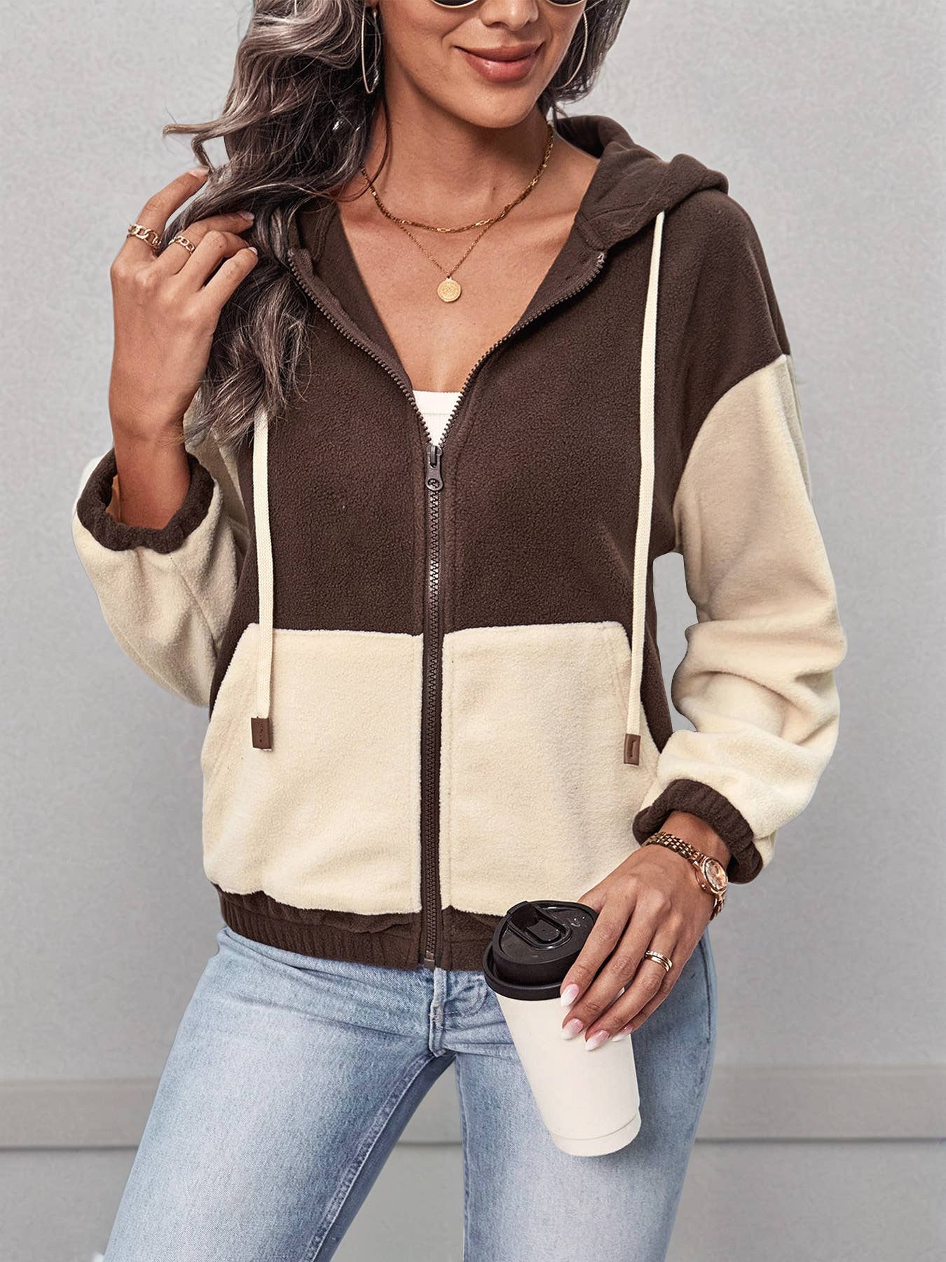 Hooded,color-blocked polar fleece zipper Jackets