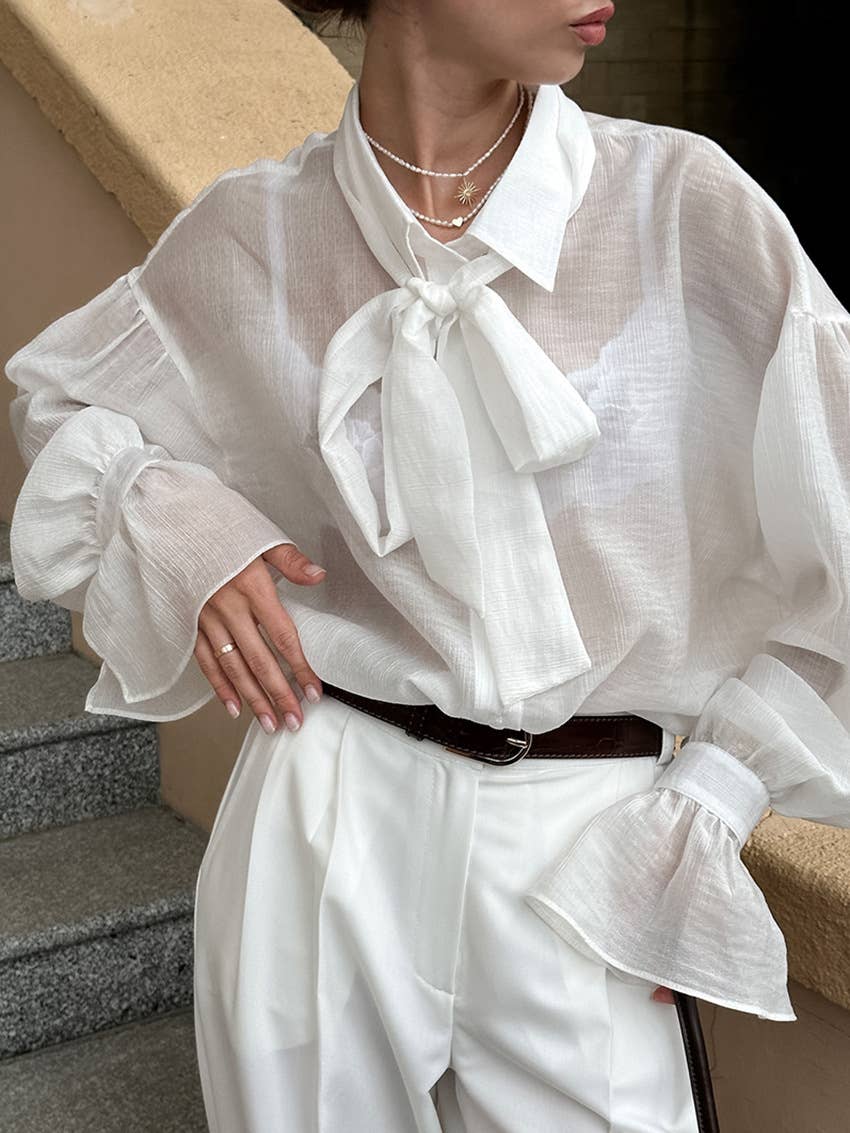 Sheer tie-front shirt in luxe crinkle fabric