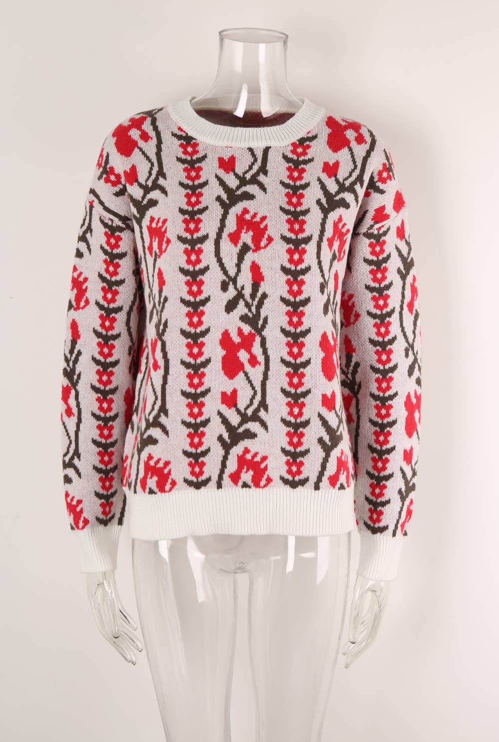 JACQUARD ROUND NECK FLOWER KNIT FASHION SWEATER