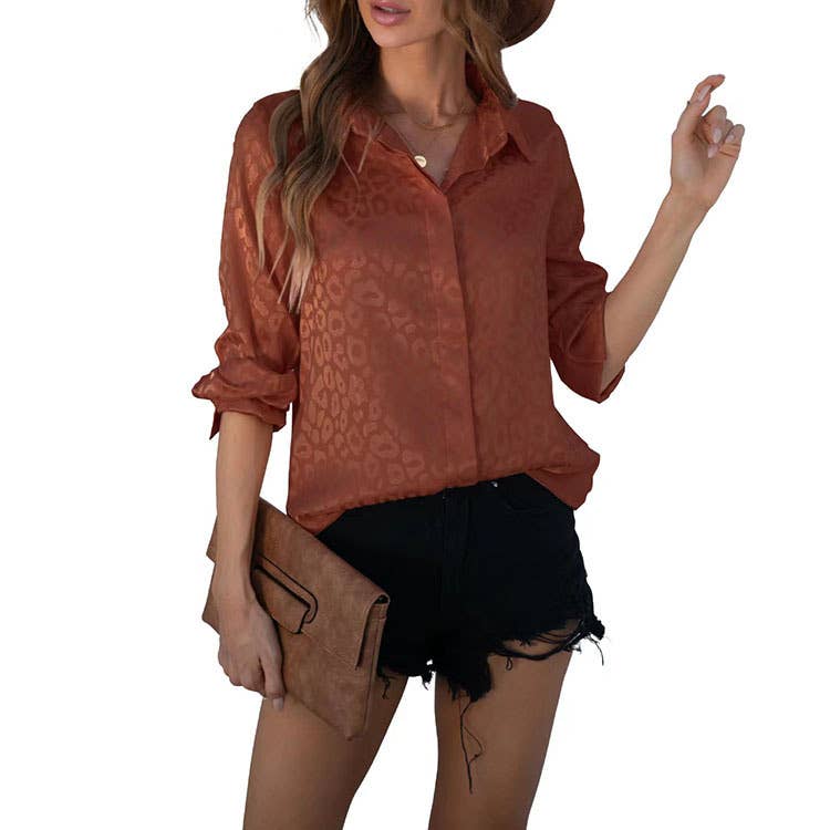 Satin long-sleeved jacquard leopard print shirt