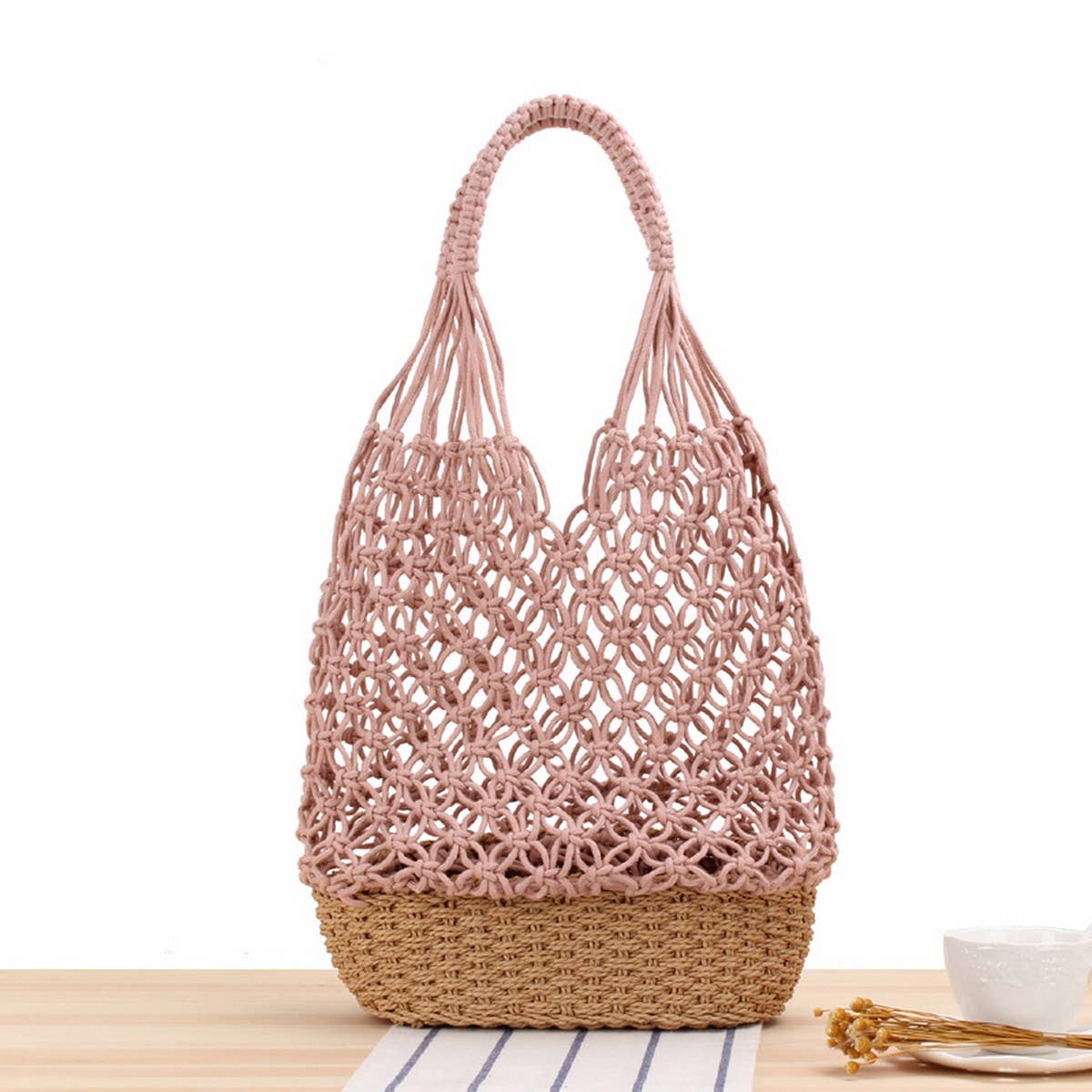 HANDMADE GRID HOLLOW SHOULDER WOVEN BAG_CWAB2026