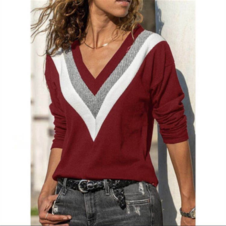 V-NECK LONG SLEEVE COLOR CONTRAST SWEATER
