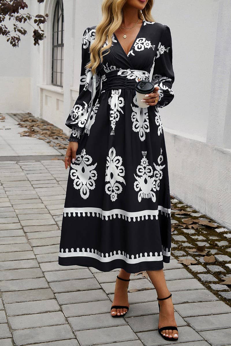 CWDMD4866_V-NECK ELEGANT CONTRAST COLOR LONG SLEEVE DRESS