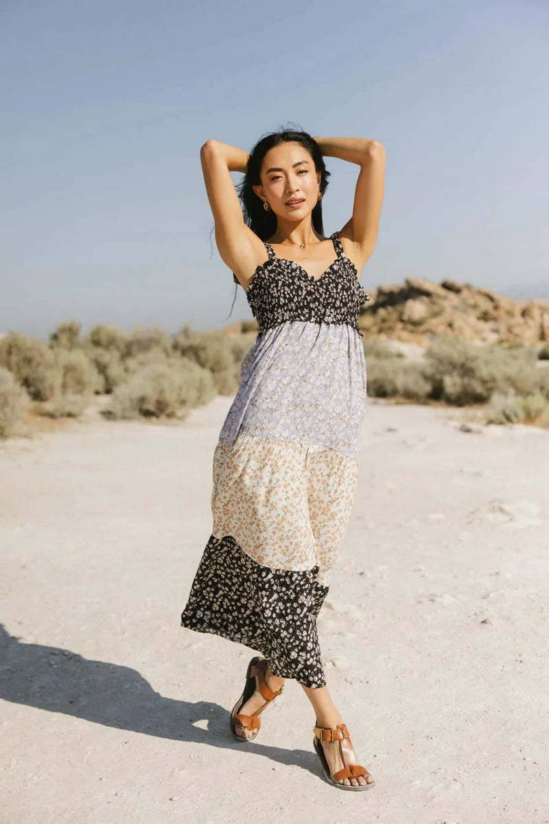 CWDMD5696_FLORAL RUFFLE TIE STRAP FRENCH TIERED DRESS