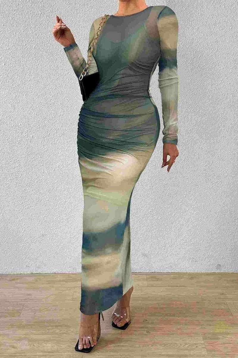 CWDMD4881_TIE-DYE PLEATED ROUND NECK LONG SLEEVE DRESS
