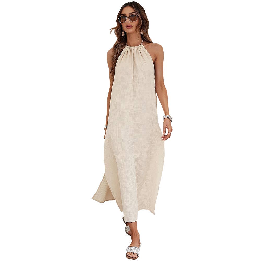 Relaxed Backless Halter Dress for Beach Vacation