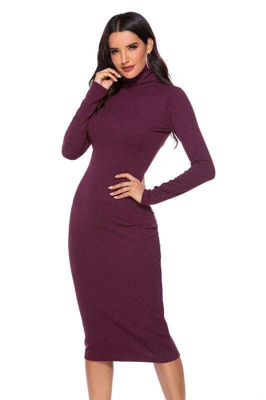 CWDMD3953_SOLID COLOR HIGH COLLAR KNITTED BOTTOMING DRESS