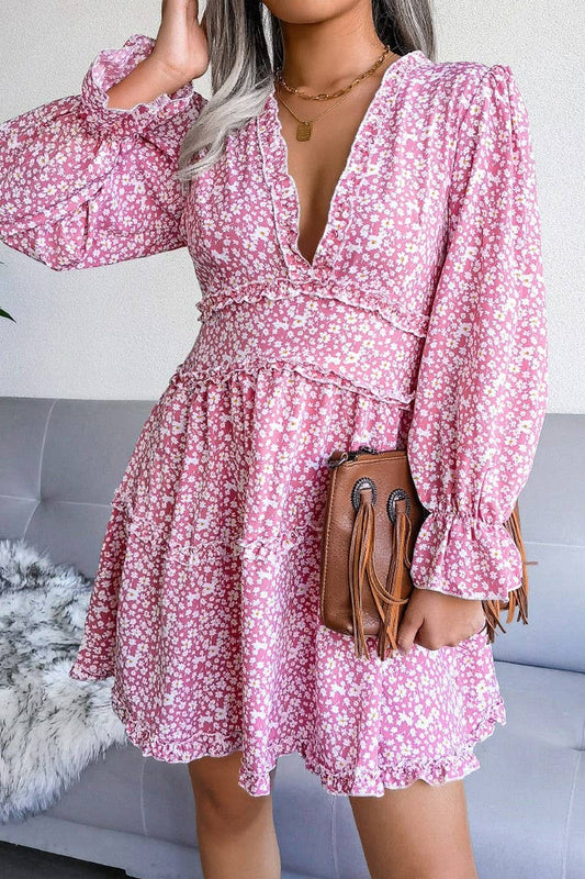 SEXY V NECK FLORAL LONG SLEEVE CHIFFON DRESS_CWDSD2502