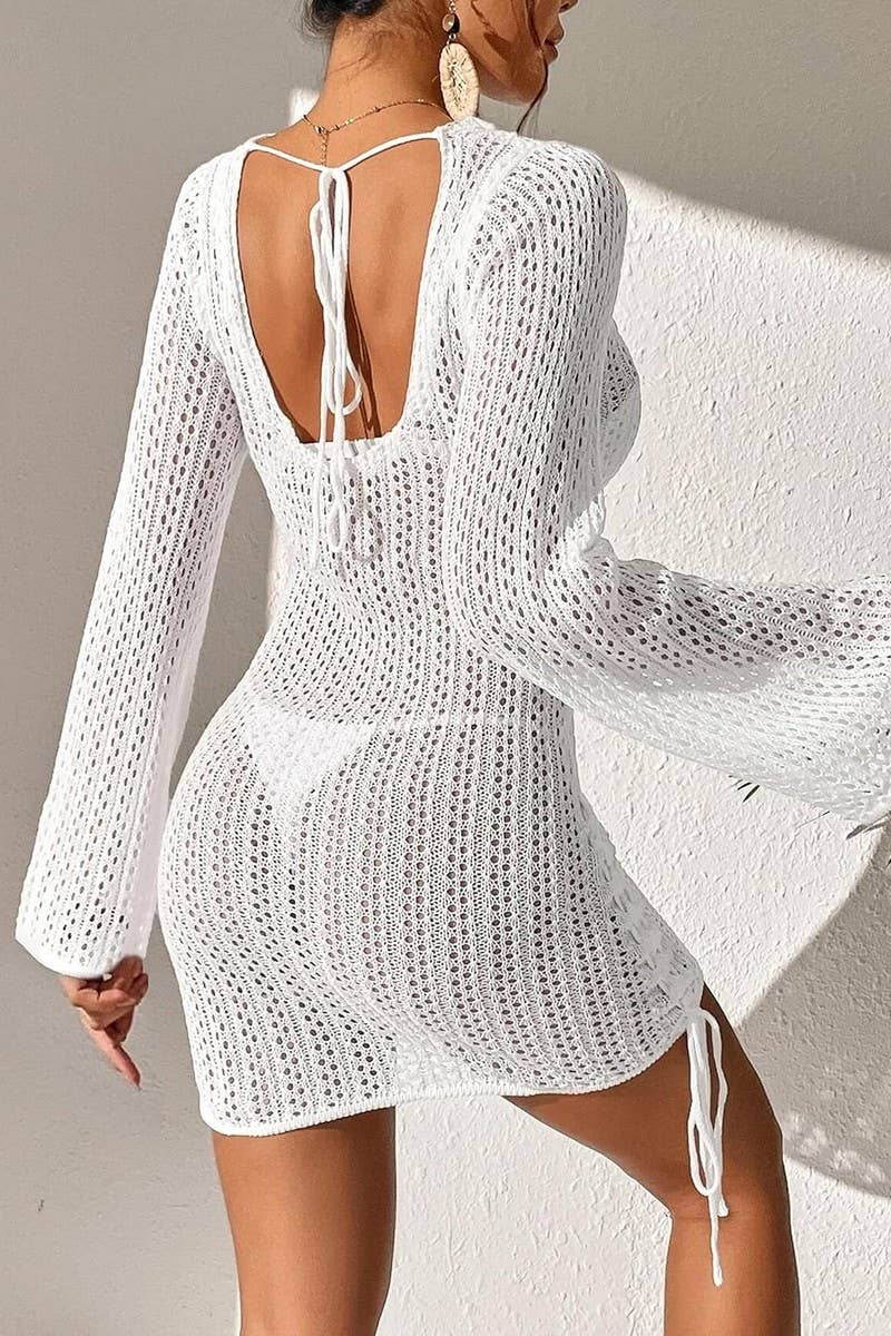 CWDSD6776_DRAWSTRING MID-WAIST CREW NECK LONG SLEEVE DRESS