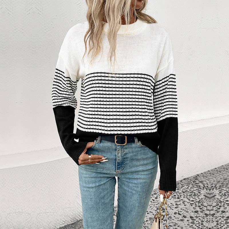 LONG SLEEVE CREW NECK SWEATER IN STRIPED COLOR