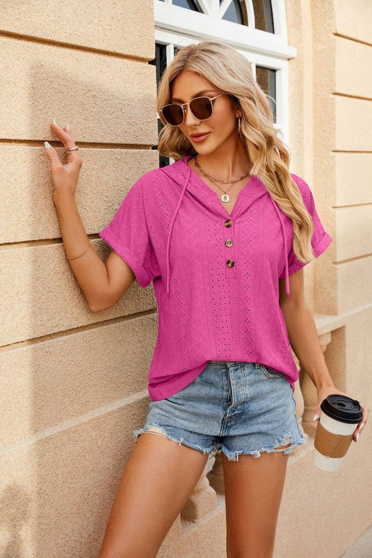 CWOHOS0015_Button Neck Short Sleeve Hoodi Knit Top