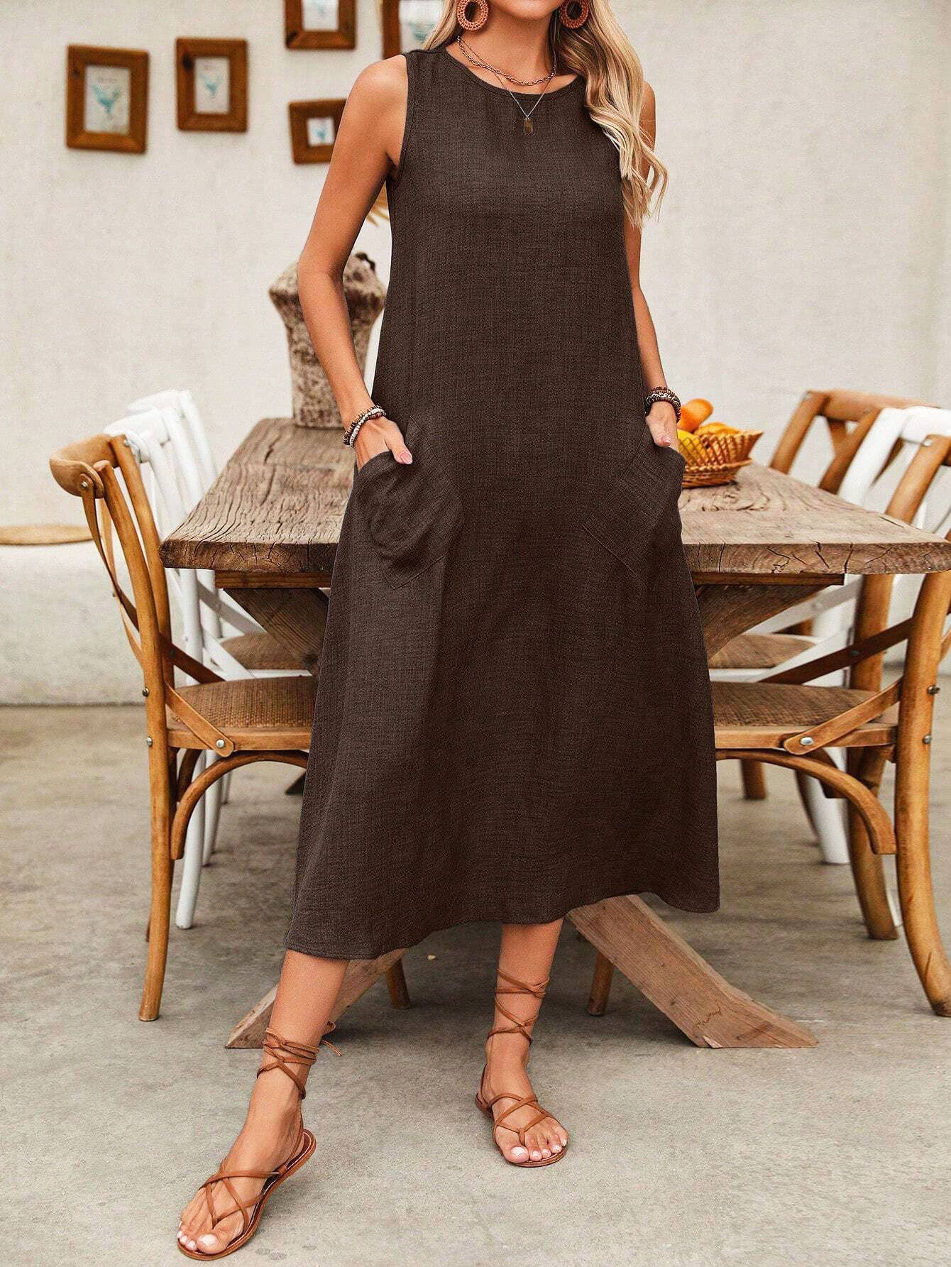 Pullover round neck pocket casual loose dress