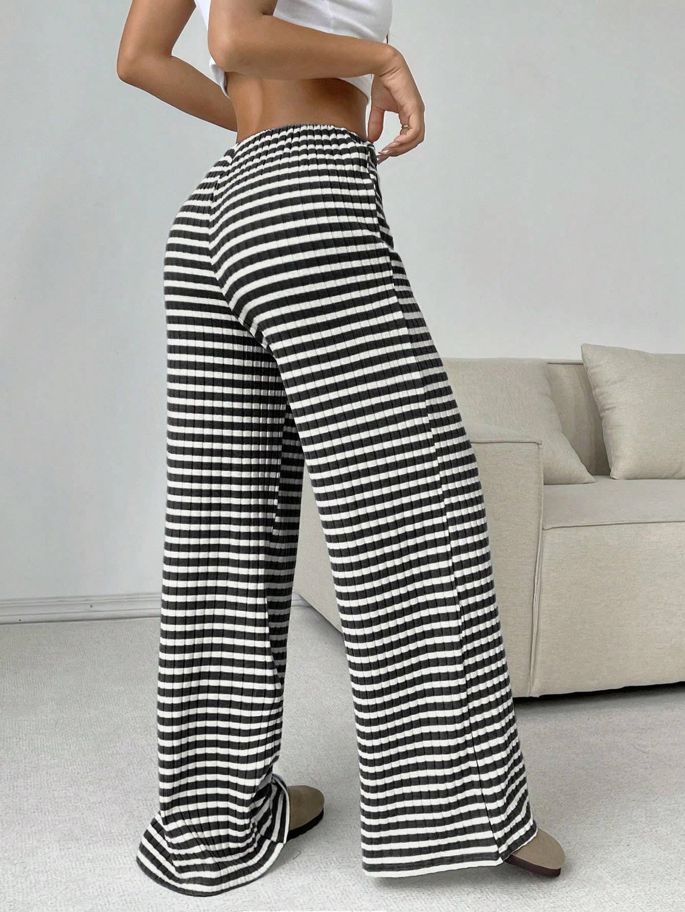 STRIPED RUBBER STRING COTTON STRAIGHT LEG PANTS