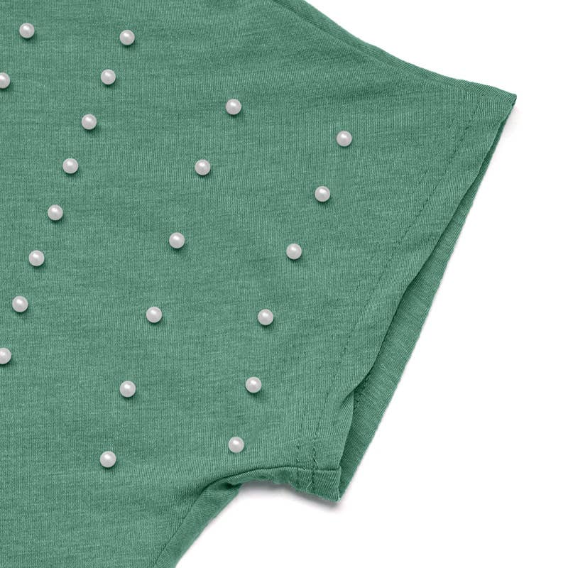 Backless Solid Beaded Round Neck Casual T-Shirt