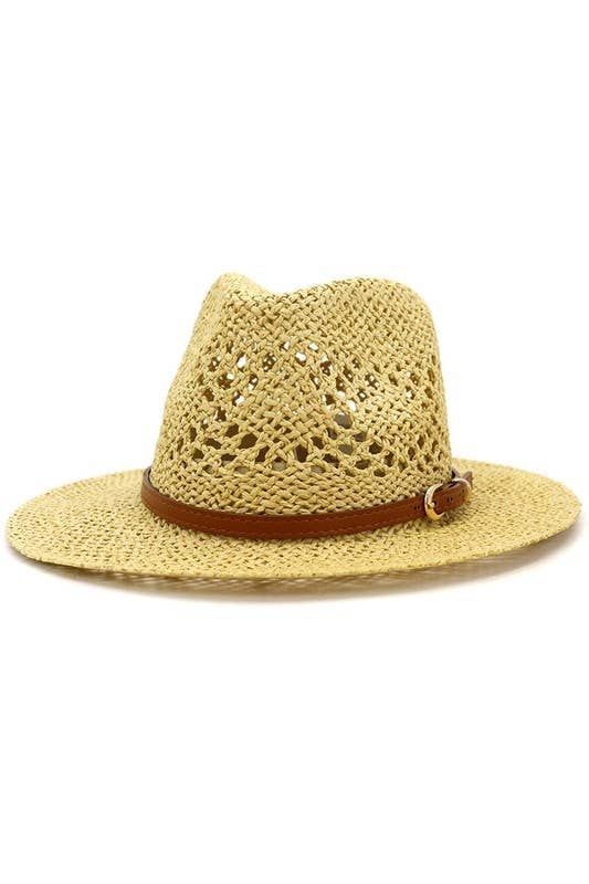 BROWN BELT VENTED WEAVE STRAW HAT_CWAH081