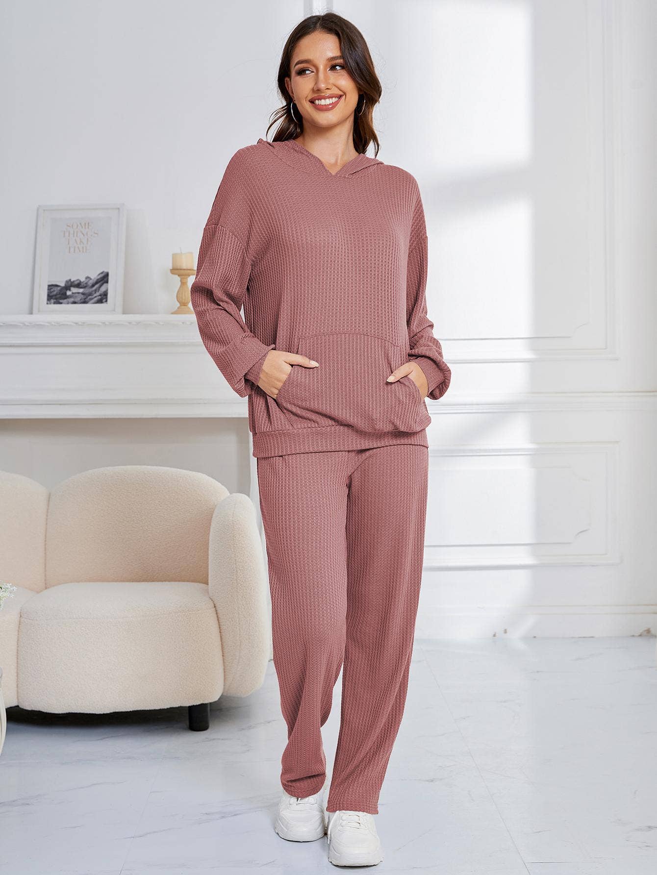 WAFFLE TWO-PIECE LOUNGEWEAR WITH LONG SLEEVES