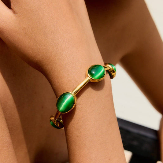 Luxury 18K Gold Green Oval Natural Stone Cuff