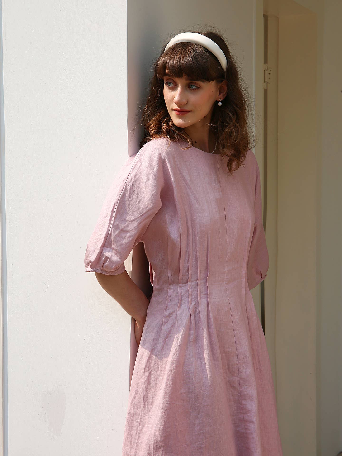 Temperament pleated solid color waist dress