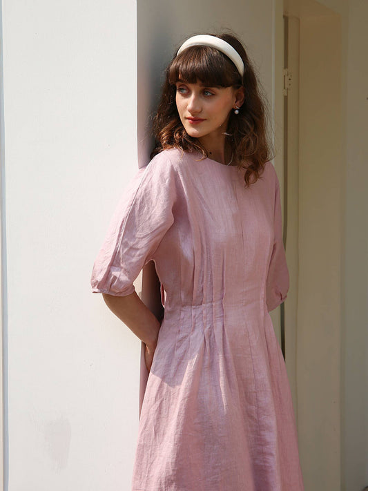 Temperament pleated solid color waist dress