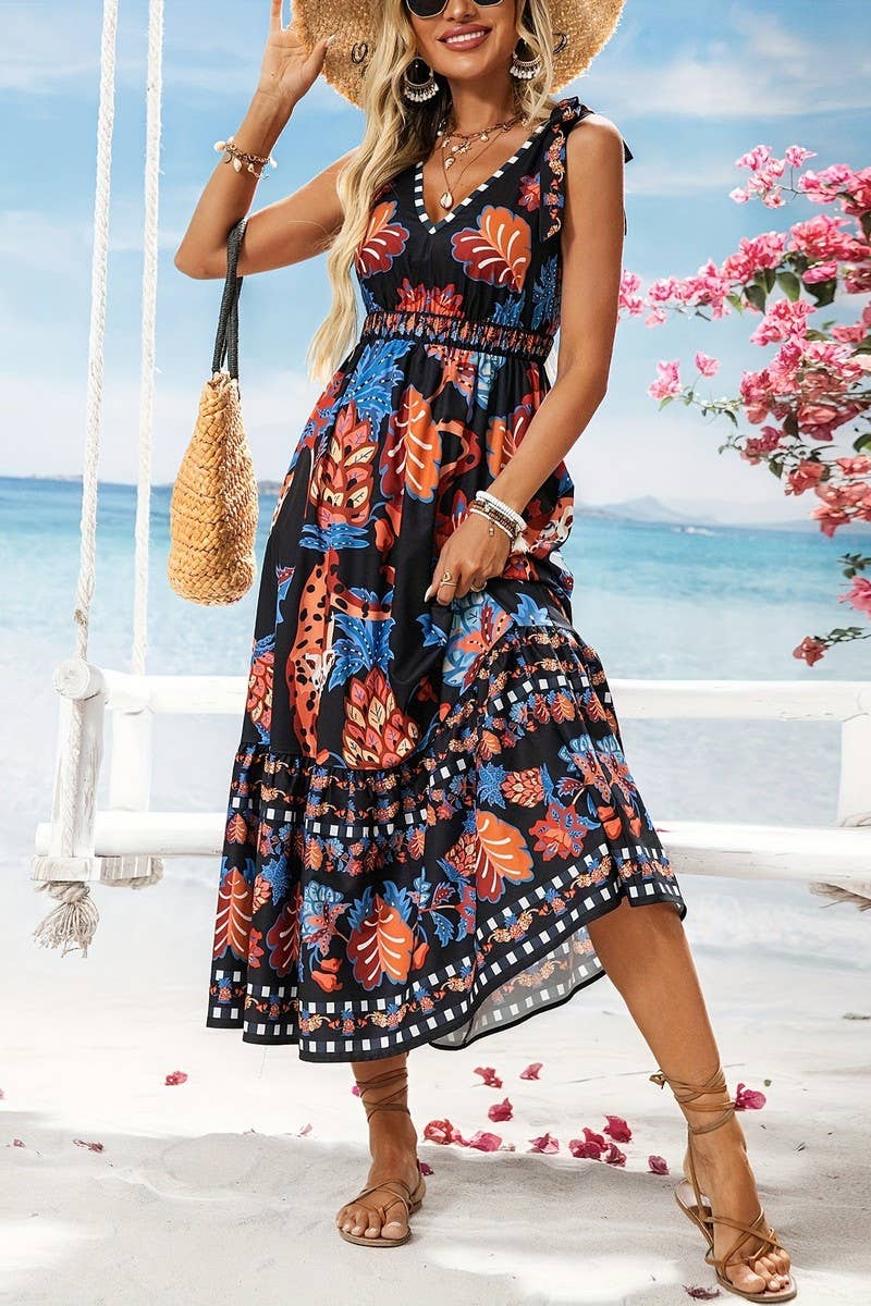 CWDMD6391_BEACH VACATION LOOSE V-NECK PRINTED DRESS