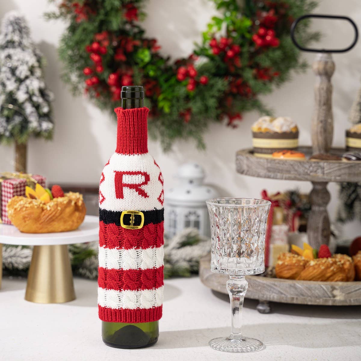 CWMM10337_KNITTED LETTER WINE BOTTLE COVER RED WHITE STRIPES