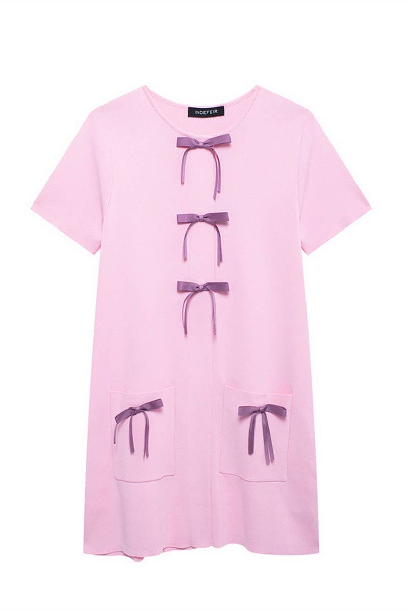 CWDSD6657_BOW DECORATED SHORT-SLEEVED KNITTED DRESS