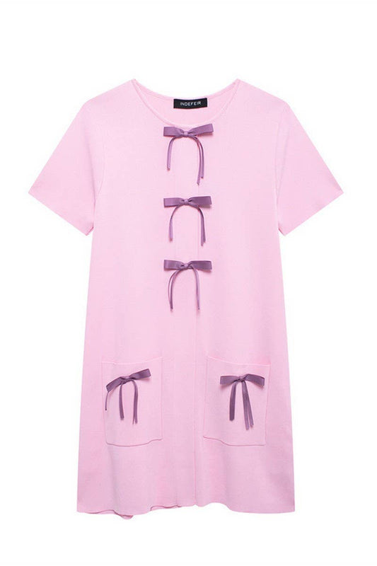 CWDSD6657_BOW DECORATED SHORT-SLEEVED KNITTED DRESS